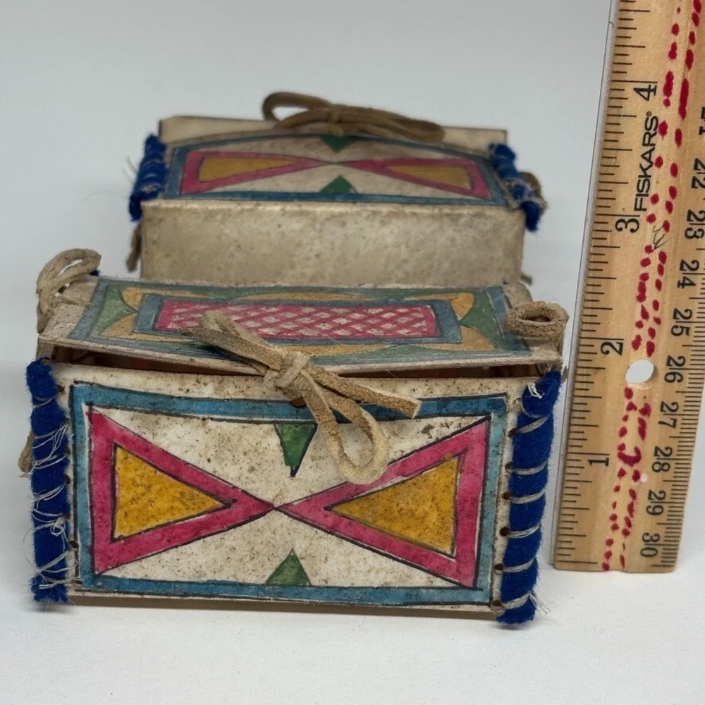 Mid 1900s‎ (2) HandPainted Toy Doll Parfleche Trunks Trinket Boxes Sioux Indian